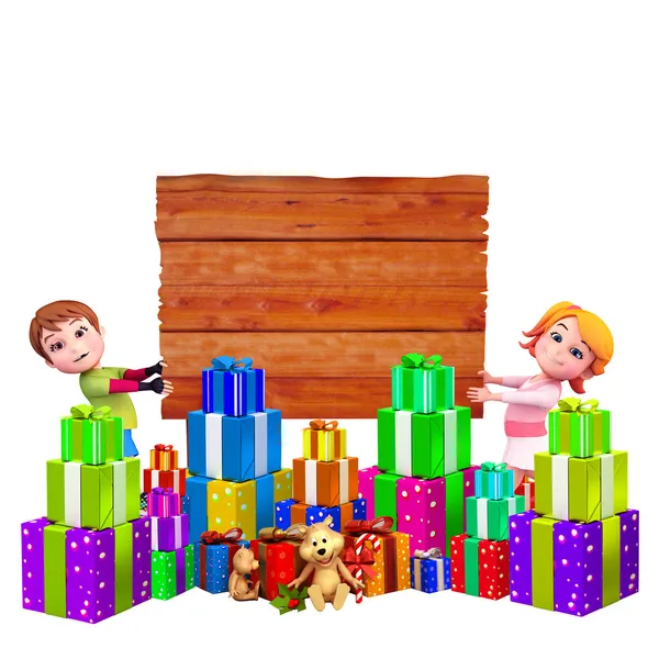 Niños con letrero de madera y caja de regalo —  Fotos de Stock