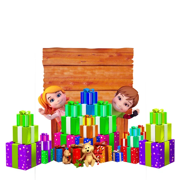 Niños con letrero de madera y caja de regalo —  Fotos de Stock