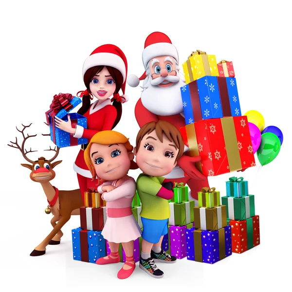 As crianças estão brincando com presentes de Papai Noel e renas — Fotografia de Stock