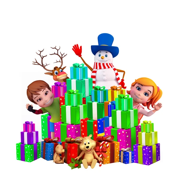 Muñeco de nieve y regalos con niños — Foto de Stock