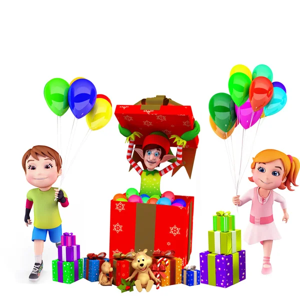 Elves with santa kids and many gifts — Stock Photo, Image