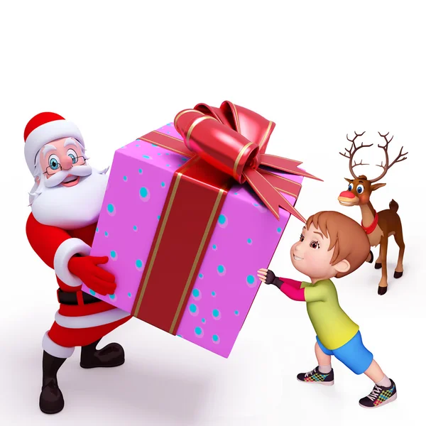 Kids are playing with santa gifts and reindeer — Stock Photo, Image