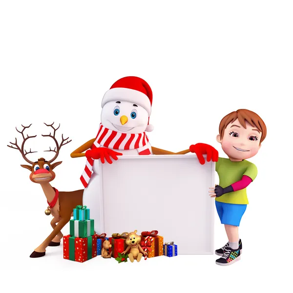 Snowman with sign and kids — Stock Photo, Image