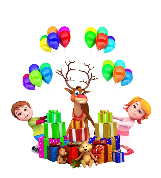 Kids are playing with santa gifts and reindeer — Stock Photo, Image