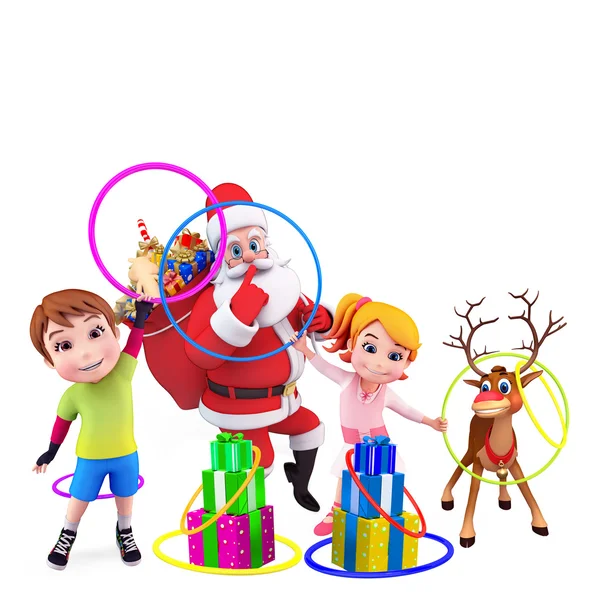 Kids are playing with santa gifts and reindeer — Stock Photo, Image