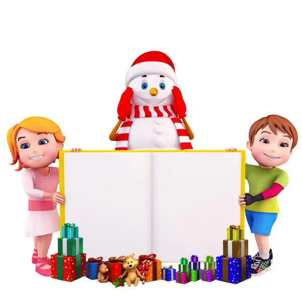 Snowman with sign and kids — Stock Photo, Image