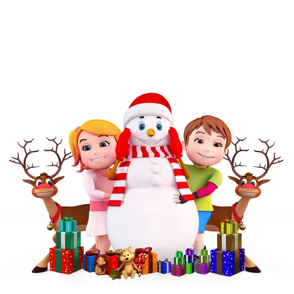 Snowman with sign and kids — Stock Photo, Image