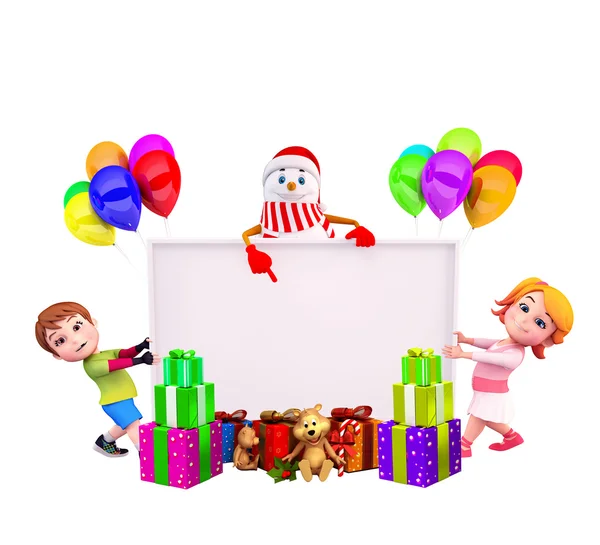 Kinder mit großem Schild und vielen Weihnachtsgeschenken — Stockfoto