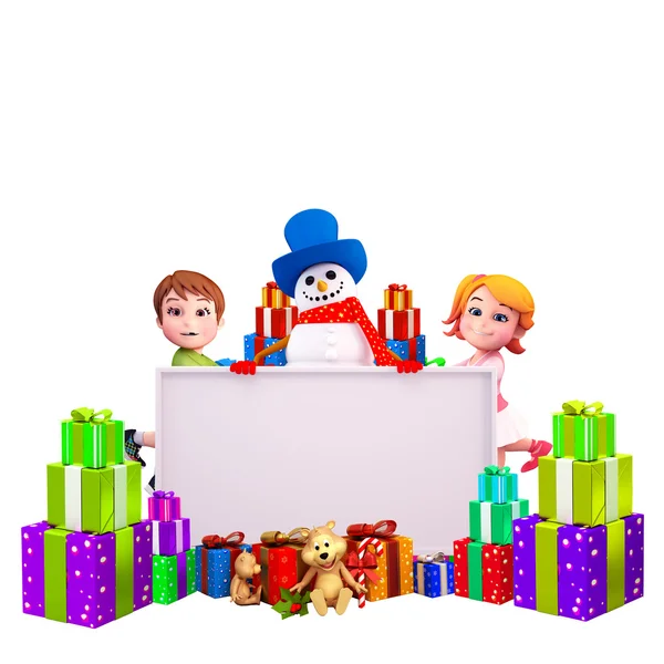 Niños con un gran cartel y muchos regalos de Navidad —  Fotos de Stock