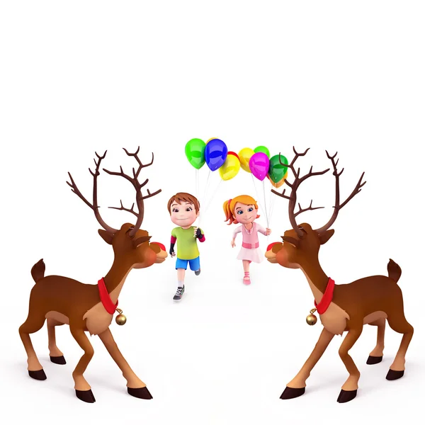 Kinder spielen mit Weihnachtsgeschenken und Rentieren — Stockfoto