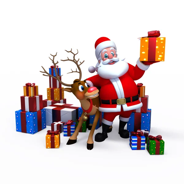 Santa Claus con regalos y ciervos —  Fotos de Stock