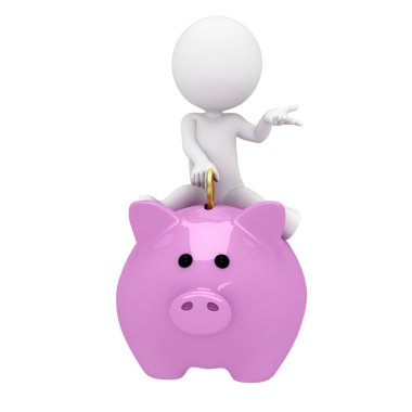 Beyaz pembe bir domuzcuk bankada para ekleme