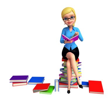 kitap yığını üzerinde oturan kız