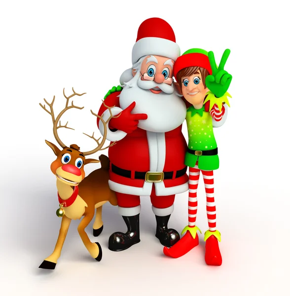Santa claus with reindeer and elves — Stock Photo, Image