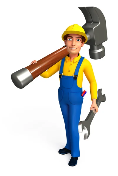 Mechanic with hammer and wrench — Stock Photo, Image