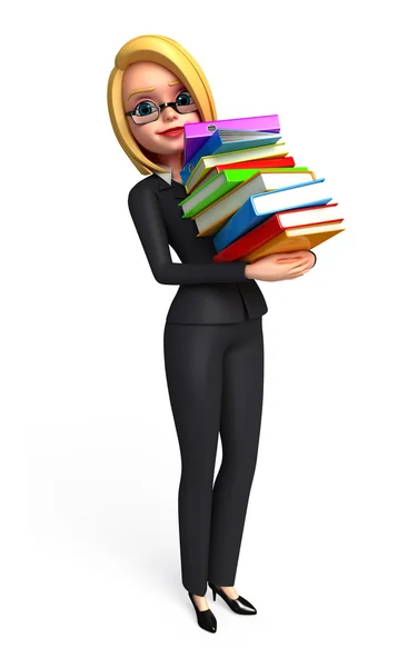 Femme d'affaires avec pile de livres — Photo