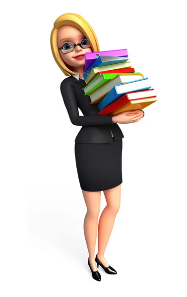 Femme d'affaires avec pile de livres — Photo