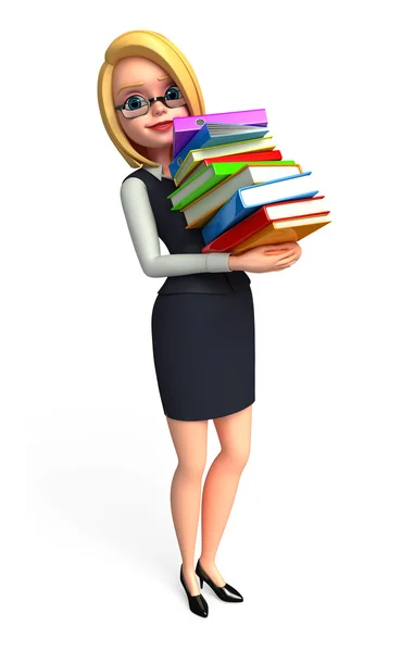 Jeune femme d'affaires avec pile de livres — Photo