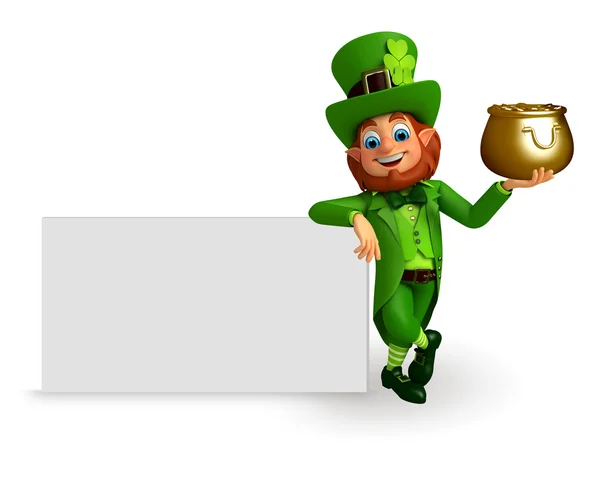 Leprechaun met gouden pot en teken — Stockfoto