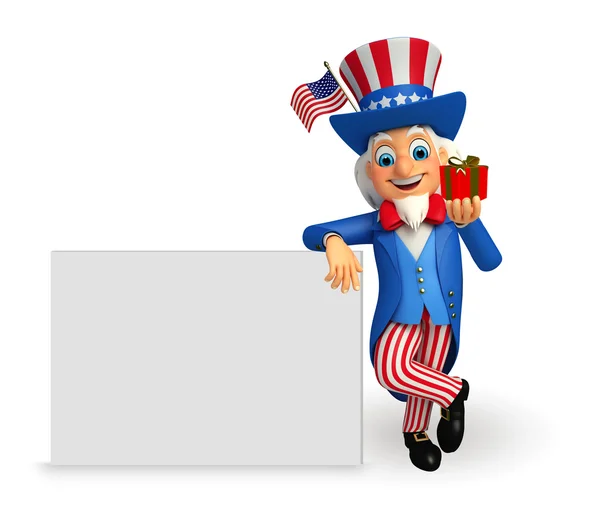 Uncle sam with sign and gift — Stock Photo, Image
