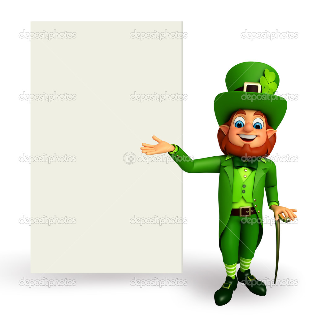 Leprechaun stands with sign