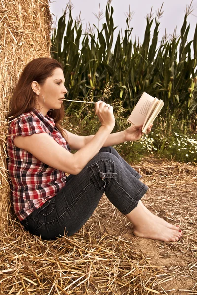 Piękna kobieta jest czytanie książki odkryty w polu — Zdjęcie stockowe