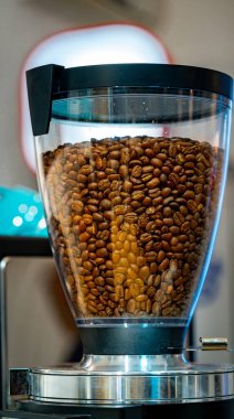 Kahve makinesindeki kahve çekirdekleri. Taze kahve makineye atılmış..