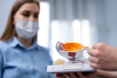 Göz doktoru ya da cerrah elinde göz protezi tutuyordu. Göz protezi için konsept fotoğraf. Gözler cerrahi operasyonlar. Yakın çekim.