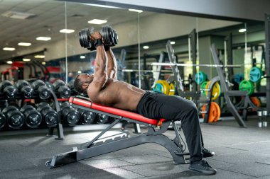 Yakışıklı, güçlü bir adam spor salonunda sıkı çalışıyor. Spor salonunda çalışan aktif genç bir vücut bulucu..