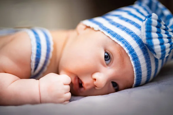 Newborn Baby Boy Light Blue Clothes Looking Camera — Zdjęcie stockowe