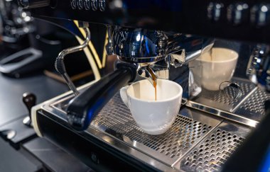 Making fresh coffee. Process of making espresso in a coffee machine. Coffee pouring into the cup