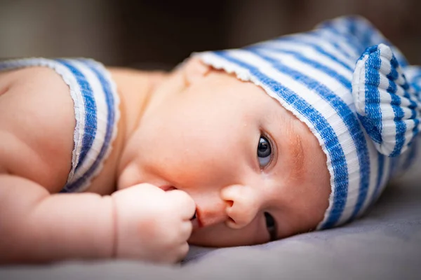 Adorable Newborn Baby Boy Looking Camera Portrait Little Infant — Stock Photo, Image