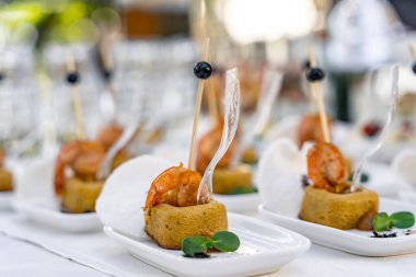 Catering düğün kutlaması. Lüks bir masa dolusu atıştırmalık..