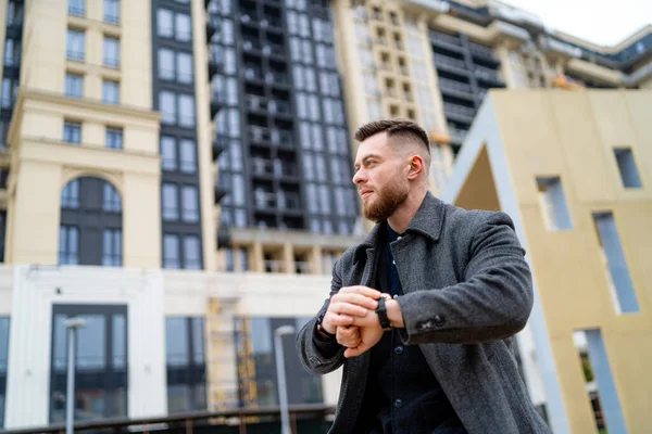 Portrait Handsome Business Man Walking Modern City Street Confident Handsome —  Fotos de Stock