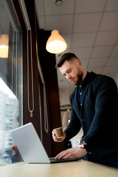 Business Guy Having Coffee Break Laptop Handsome Man Cafe Working — Zdjęcie stockowe