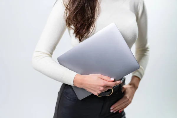 Modern Technology Notebook Beautiful Woman Charming Lady Grey Laptop Hands — Zdjęcie stockowe