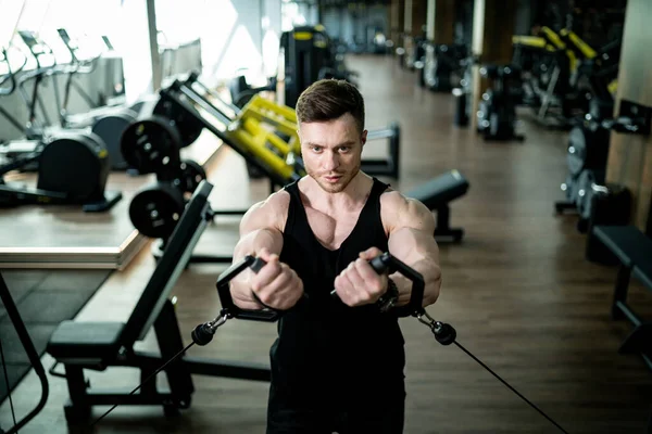Strong Handsome Man Training Gym Athletic Young Guy Working Out — Stok fotoğraf
