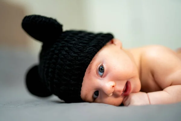 Cute Baby Lying Hat Close View Little Sweet Sleepy Child — Stockfoto
