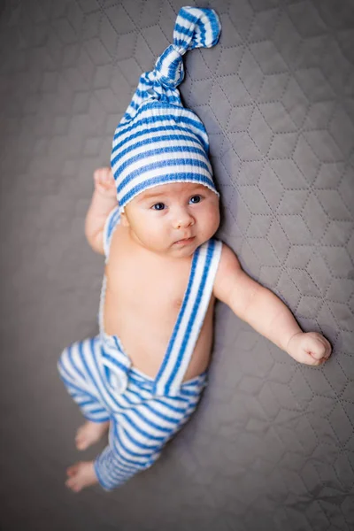 Small Cute Babe Lying Funny Hat Young Adorable Newborn Bedroom — Fotografia de Stock