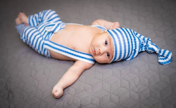 Young Adorable Newborn Bedroom Small Cute Babe Lying Funny Hat — Foto de Stock