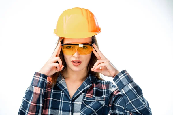 Young Pretty Builder Glasses Helmet Woman Worker Safety Hat — Zdjęcie stockowe