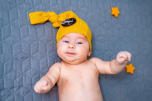 Little Sweet Boy Smilling Cute Newborn Kid Yellow Funny Hat — Fotografia de Stock