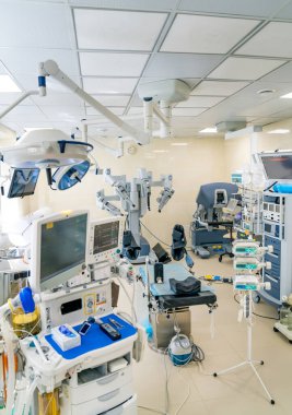 Clinic surgical da vinci operation robot. Invasive robotic surgery technologies.