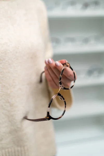 Eyewear Accessory Woman Hands Stylish Eyeglasses Lens Holding Hands — Photo
