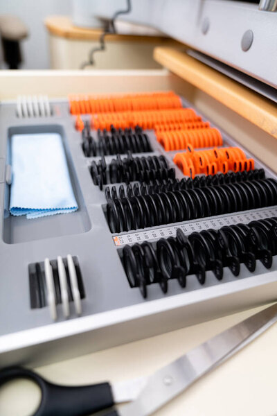 Optical device for diagnosing. Optometry professional lens instrument.