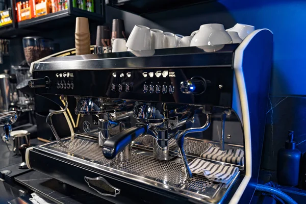 Professional coffee machine. Barista cafeteria modern cafe equipment.