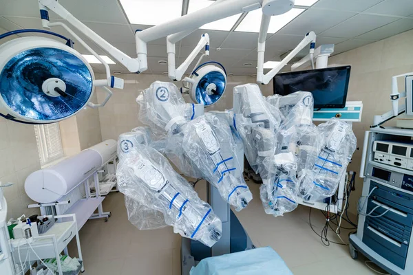 Robotic modern hospital surgery equipment. Medical operation involving robot.