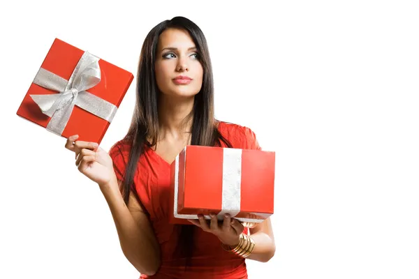 Brunette beauty with bright red gift box. — Stock Photo, Image