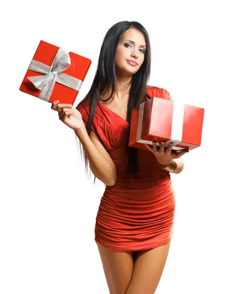 Wunderschöne Frau mit Weihnachtsgeschenk-Box. — Stockfoto