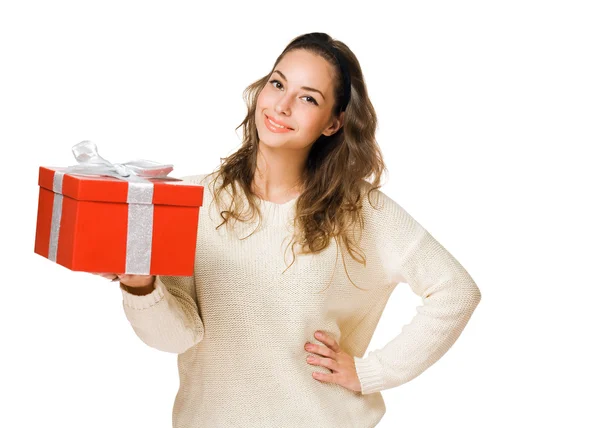 Friendly brunette with red gift box — Stock Photo, Image